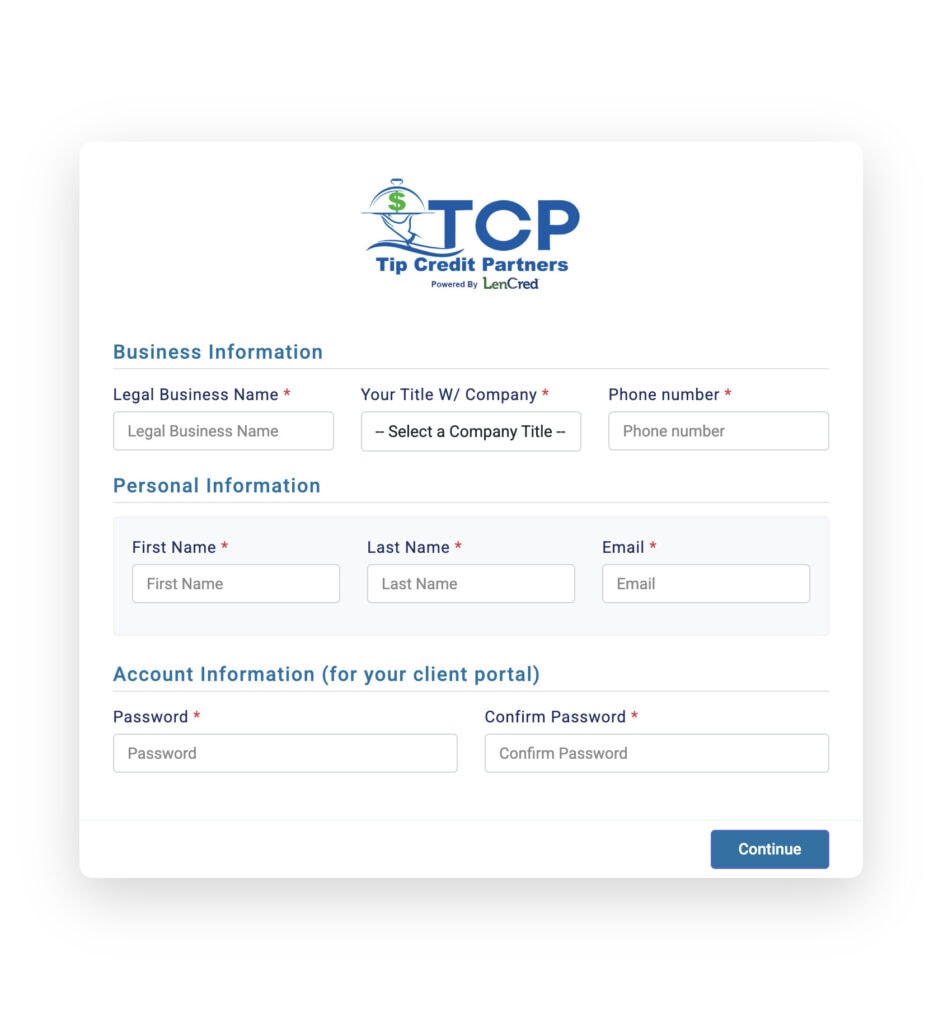 Step 1 of tipped employee refund: account creation.