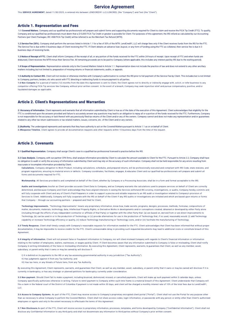 Step 2 of tipped employee refund: signing the service agreement.