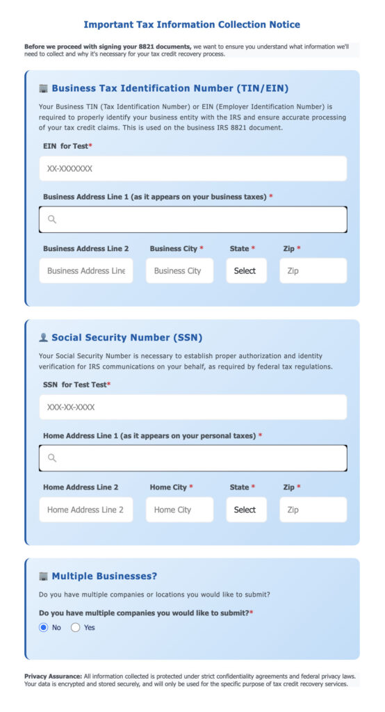 Step 3 of tipped employee refund: verifying business and personal information.